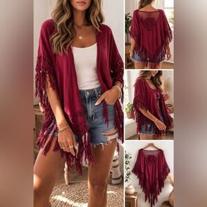 Everleigh by Free People Burgundy Crochet Fringe Shawl Boho Festival Kimono 1-2X